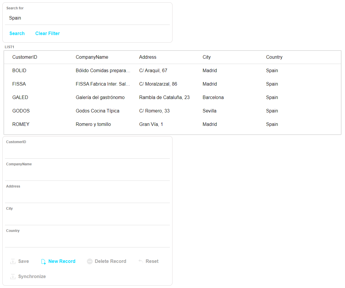 Searching for "Spain" yields several records in the List control.
